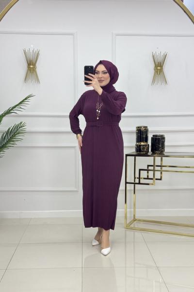 NAZLI PİLİSELİ ELBİSE-MÜRDÜM Mürdüm