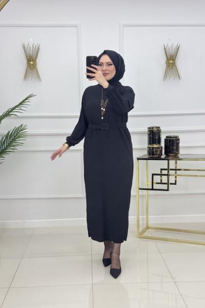 NAZLI PİLİSELİ ELBİSE-SİYAH Siyah