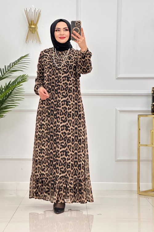 SEYRAN ELBİSE-KAHVERENGİ LEOPAR Kahverengi